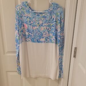 Lilly Pulitzer Blue & White Floral Colorblock Long Sleeve Top